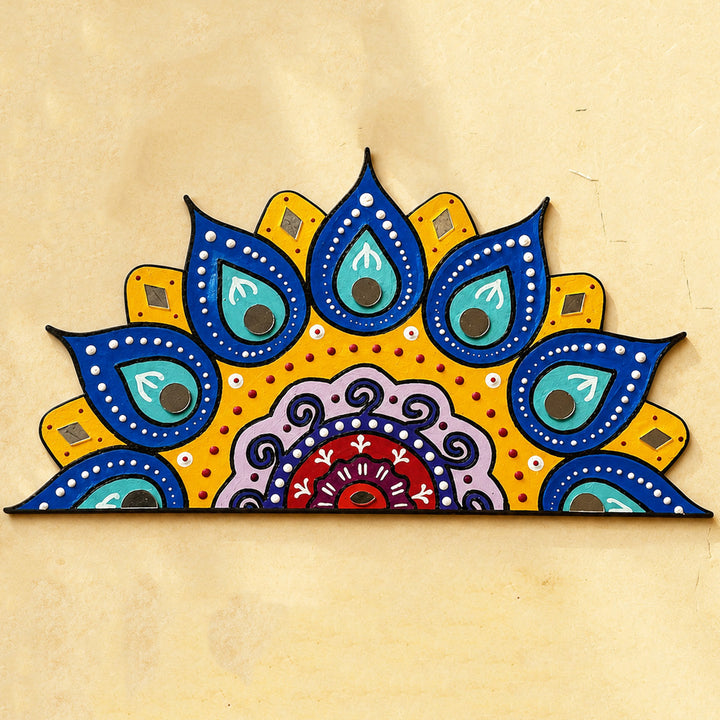 Hand-Painted Mirror Work Peacock Feather Half Mandala Mdf Rangoli For Festive Decor