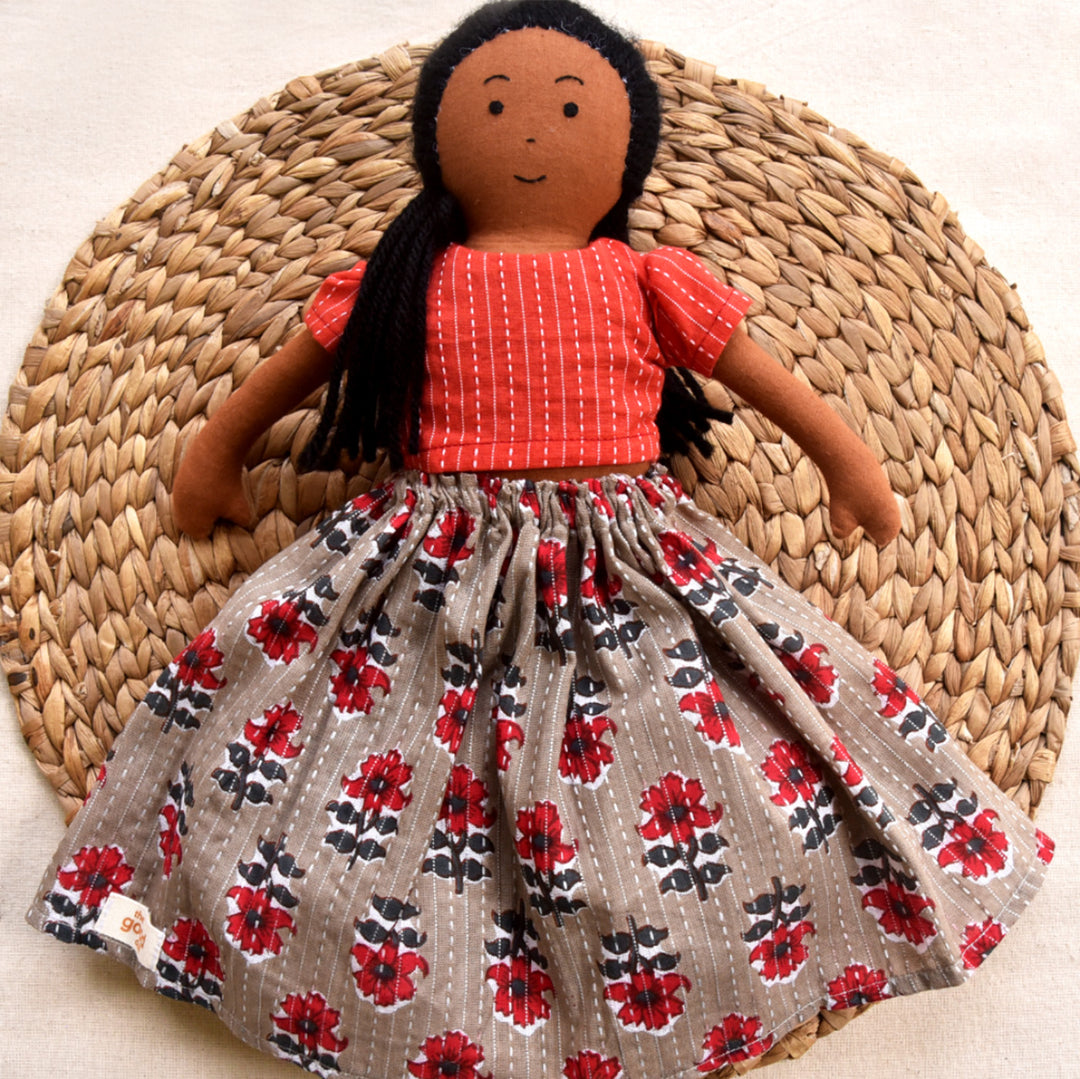 Nilah's (Elder Sister) Malai In Floral Dress | Soft Hand-Stitched Sustainable Indian Play Doll