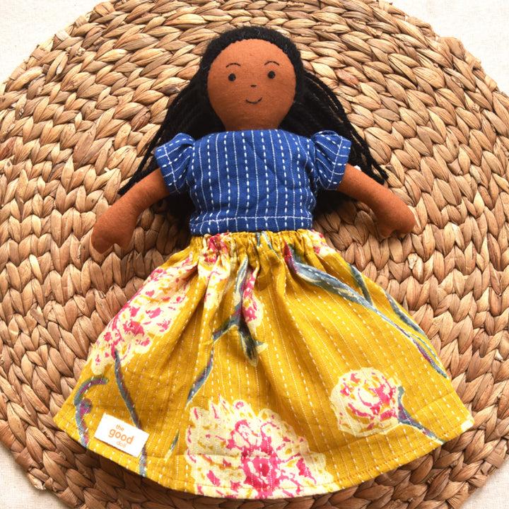 Nilah's (Younger Sister) Malar In Blue & Yellow Dress | Soft Hand-Stitched Sustainable Indian Play Doll