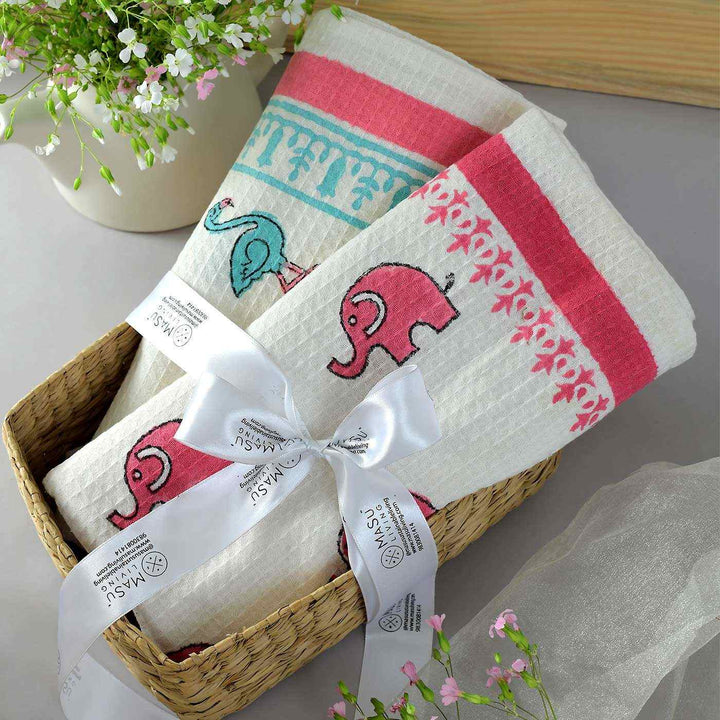 Block Printed Elephant & Flamingo Kid's Cotton Bath Towel - Zwende