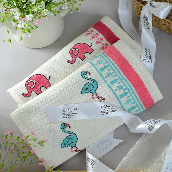 Block Printed Elephant & Flamingo Kid's Cotton Bath Towel - Zwende