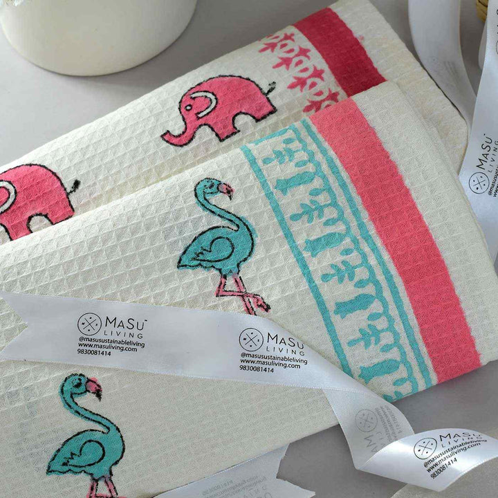 Block Printed Elephant & Flamingo Kid's Cotton Bath Towel - Zwende
