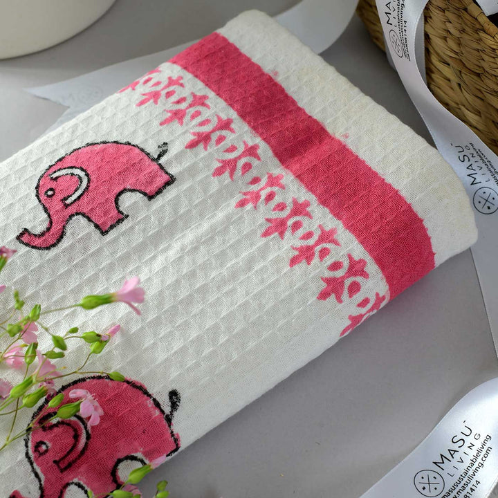 Block Printed Elephant & Flamingo Kid's Cotton Bath Towel - Zwende