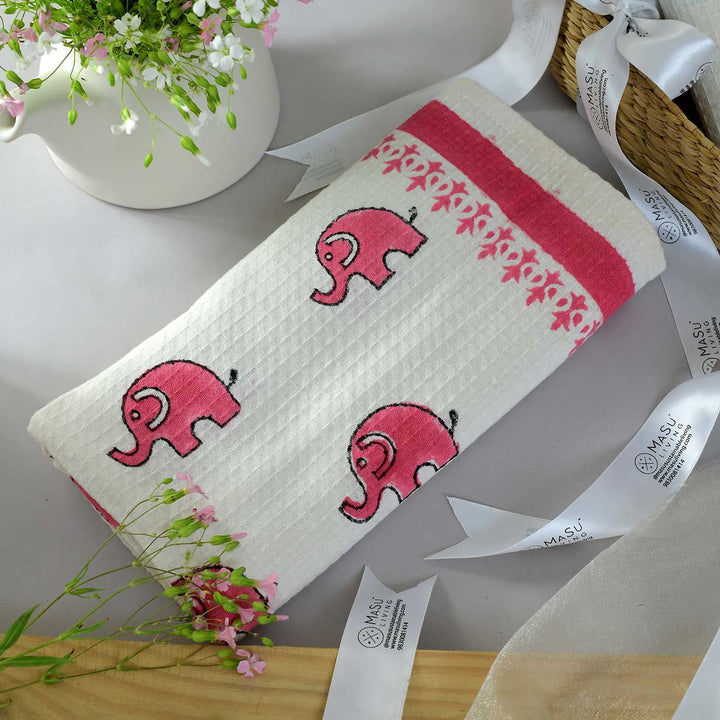 Block Printed Elephant & Flamingo Kid's Cotton Bath Towel - Zwende