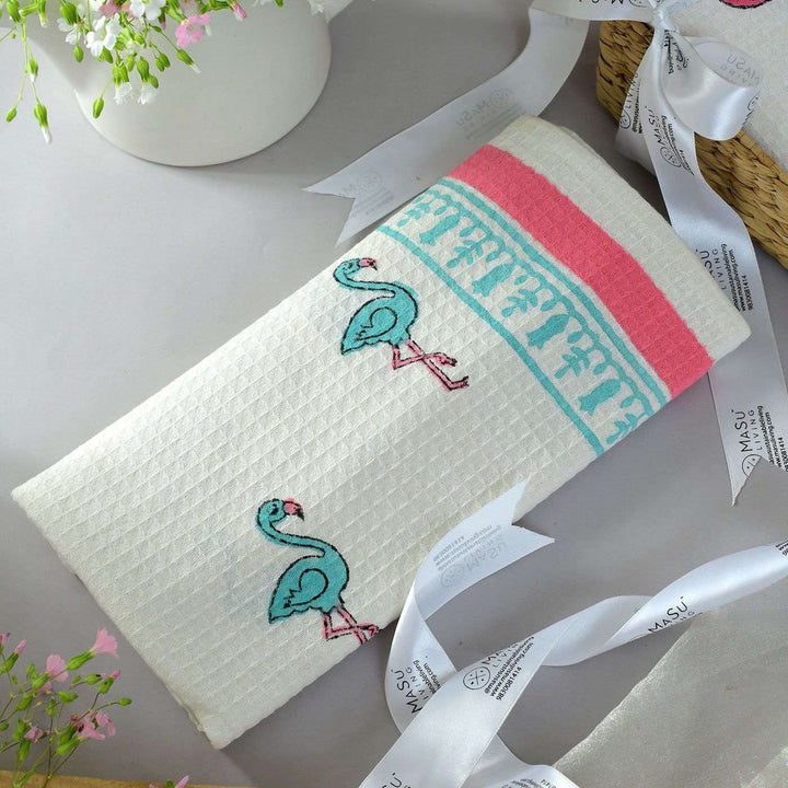 Block Printed Elephant & Flamingo Kid's Cotton Bath Towel - Zwende