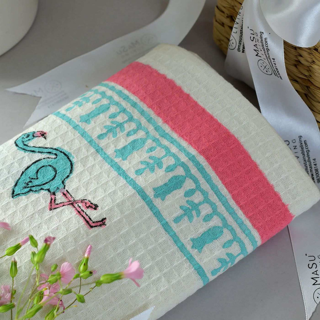 Block Printed Elephant & Flamingo Kid's Cotton Bath Towel - Zwende
