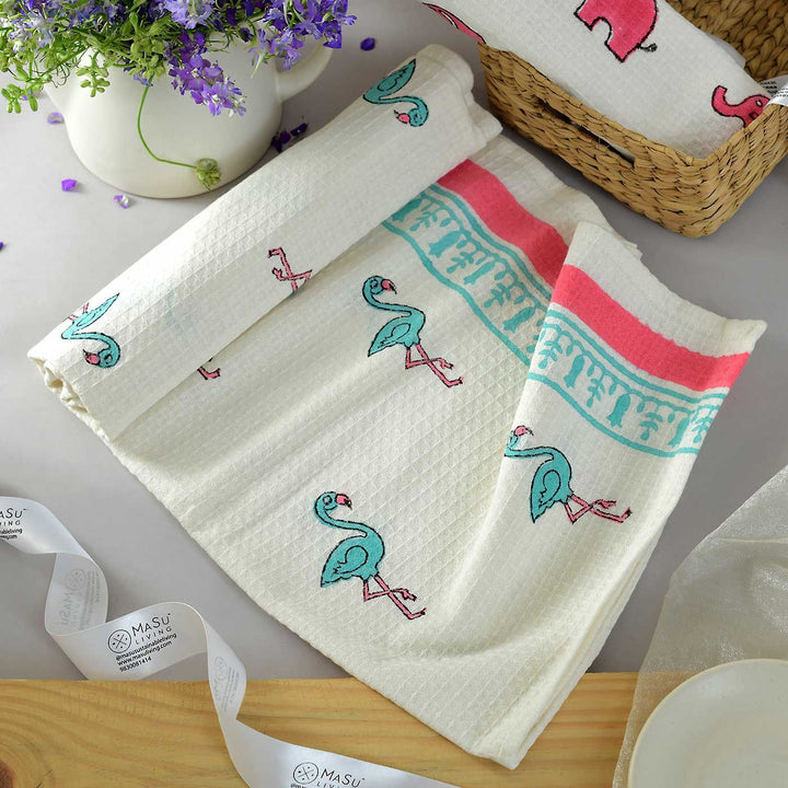 Block Printed Elephant & Flamingo Kid's Cotton Bath Towel