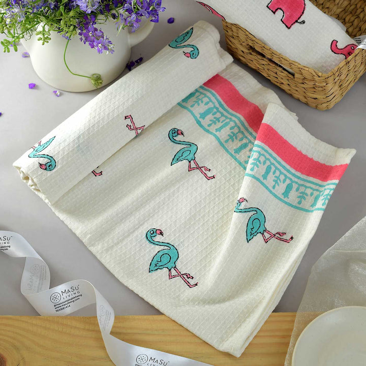 Block Printed Elephant & Flamingo Kid's Cotton Bath Towel - Zwende