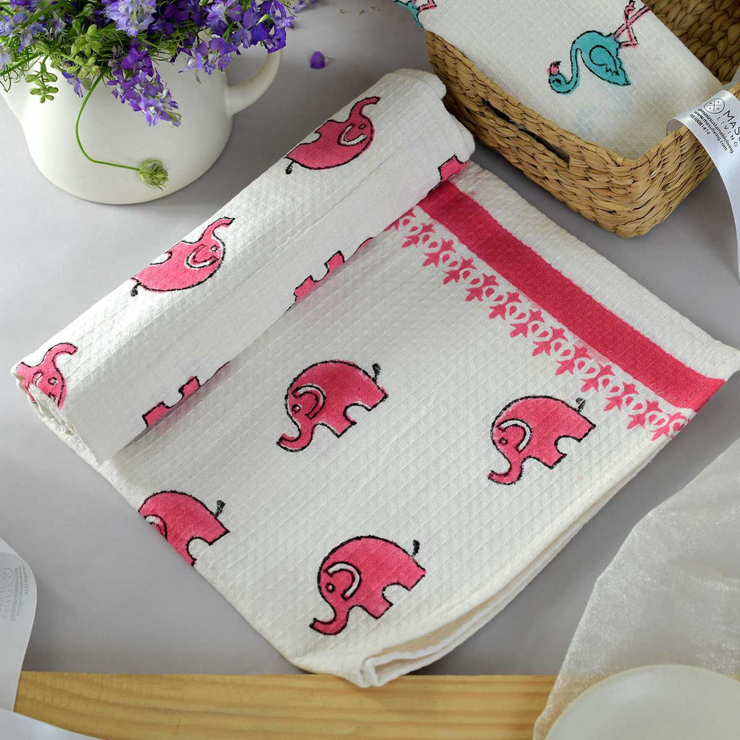 Block Printed Elephant & Flamingo Kid's Cotton Bath Towel - Zwende
