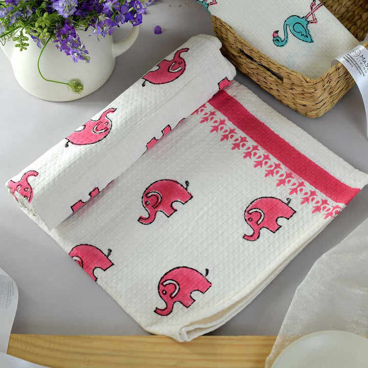 Block Printed Elephant & Flamingo Kid's Cotton Bath Towel - Zwende