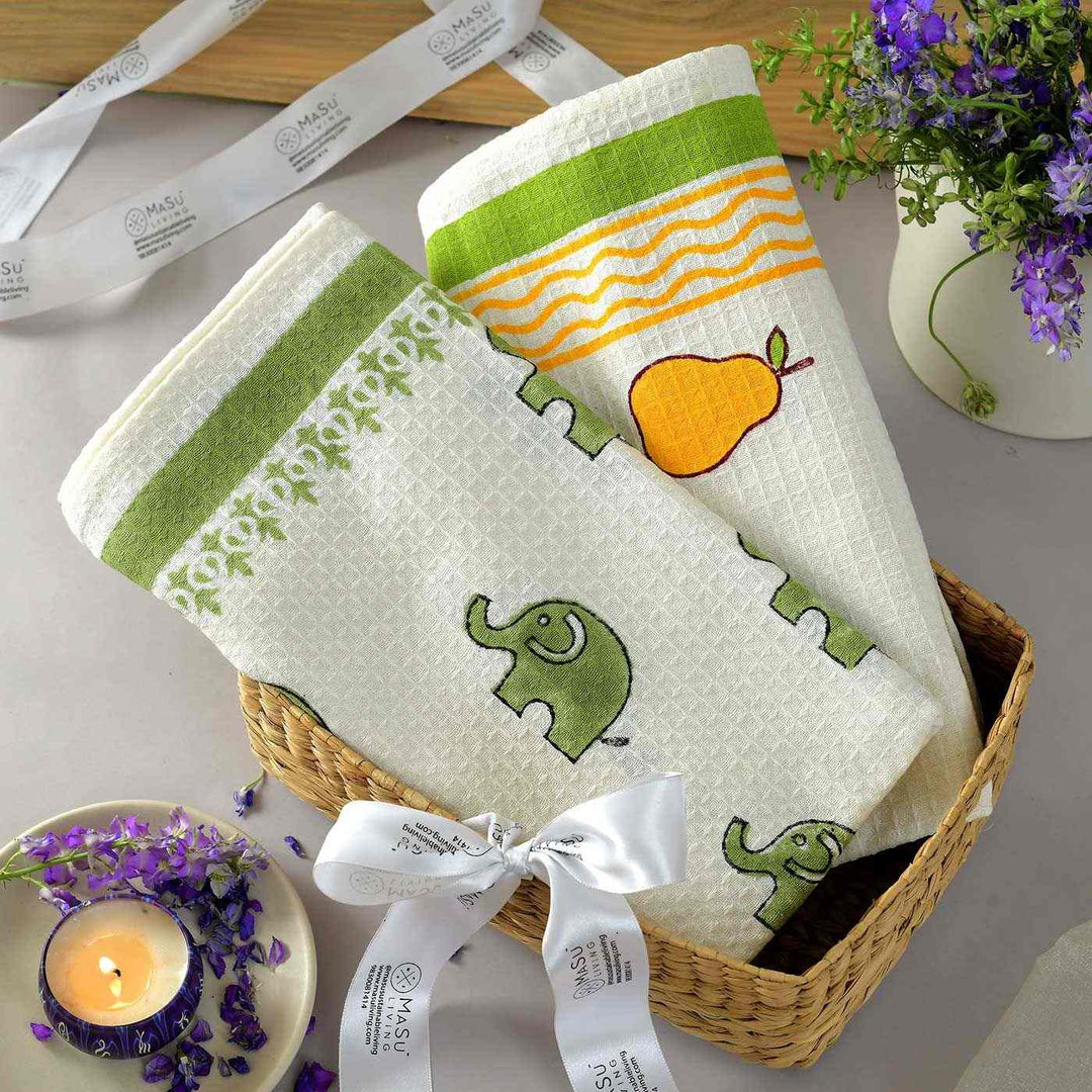 Block Printed Elephant & Pear Kid's Cotton Bath Towel