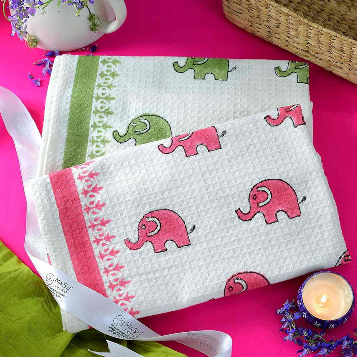 Block Printed Elephants Kid's Cotton Bath Towel