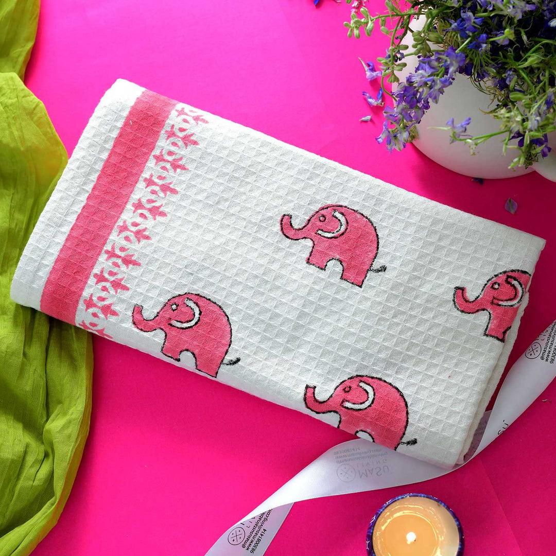 Block Printed Elephants Kid's Cotton Bath Towel