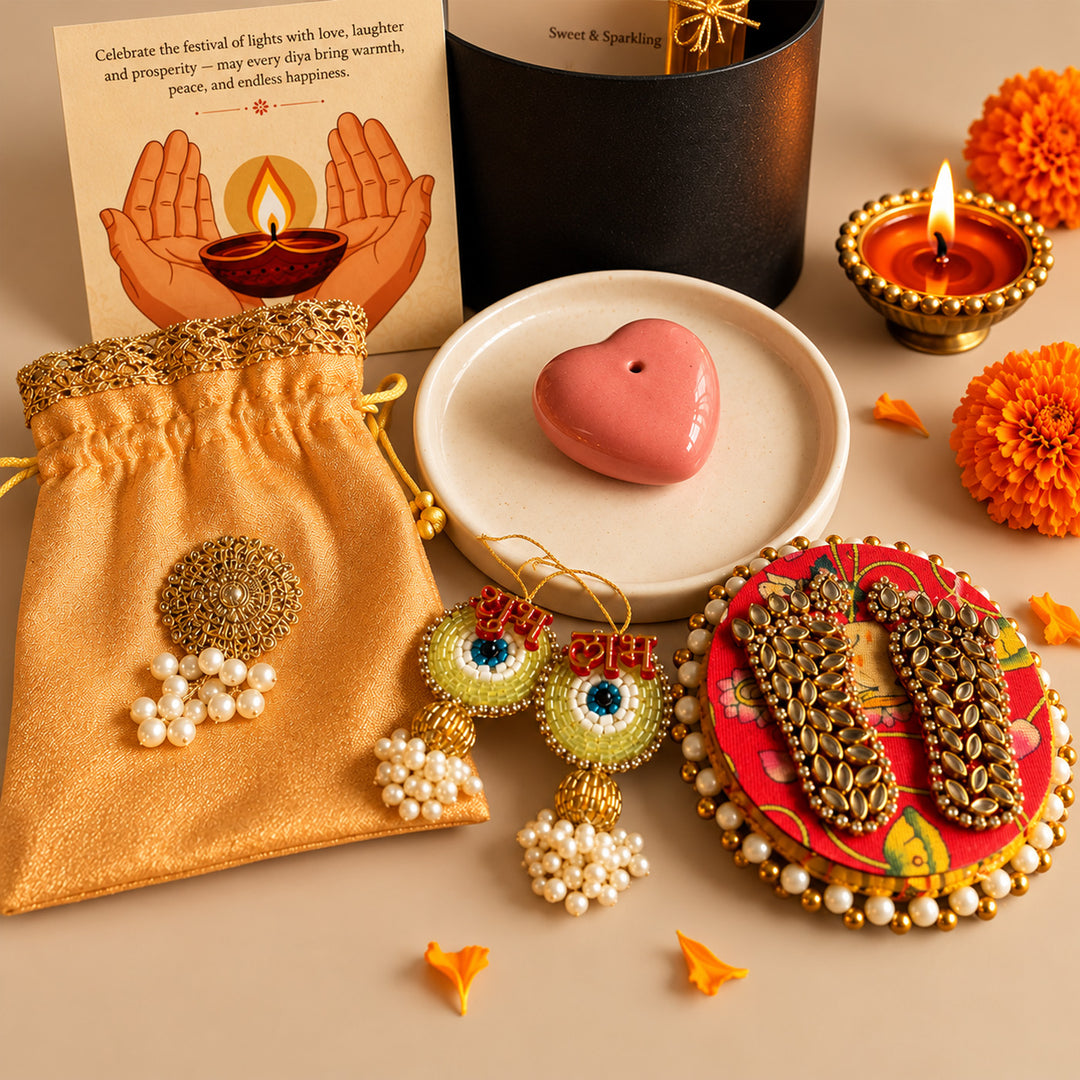 Midnight Heart Black Diwali Gift Hamper With Heart Agarbatti Stand And Peach Potli For Festive Gifting