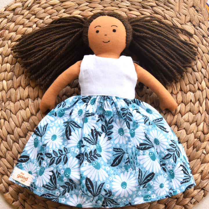 Nilah's (Younger Sister) Mira In White & Blue Dress | Soft Hand-Stitched Sustainable Indian Play Doll