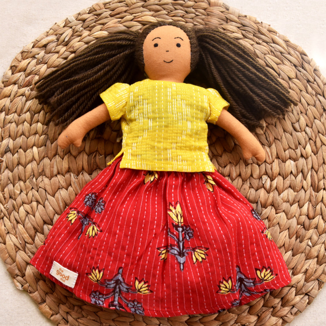 Nilah's (Younger Sister) Mira In Yellow & Red Dress | Soft Hand-Stitched Sustainable Indian Play Doll