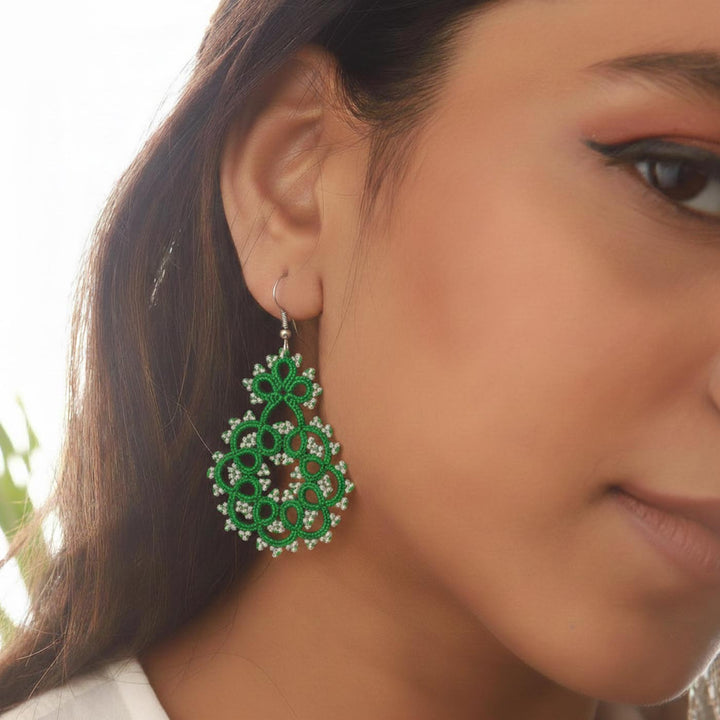Handmade Emerald Whirl Lace Cotton Earrings