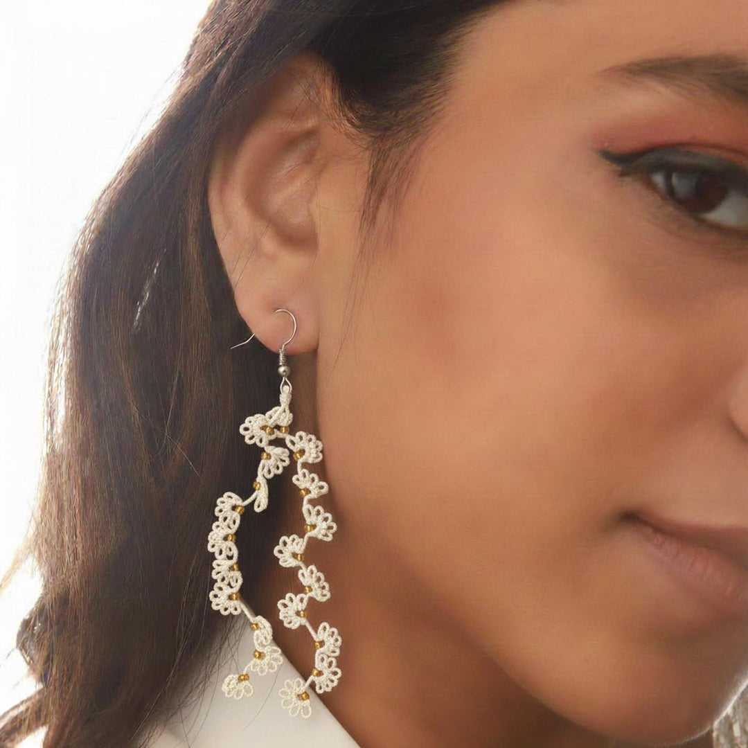 Handmade Off White Vanilla Trail Lace Cotton Earrings