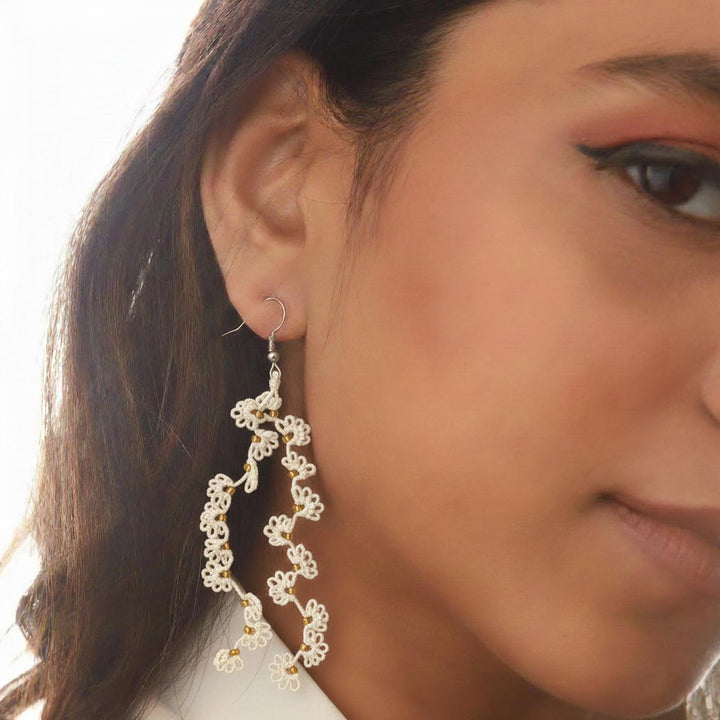Handmade Off White Vanilla Trail Lace Cotton Earrings