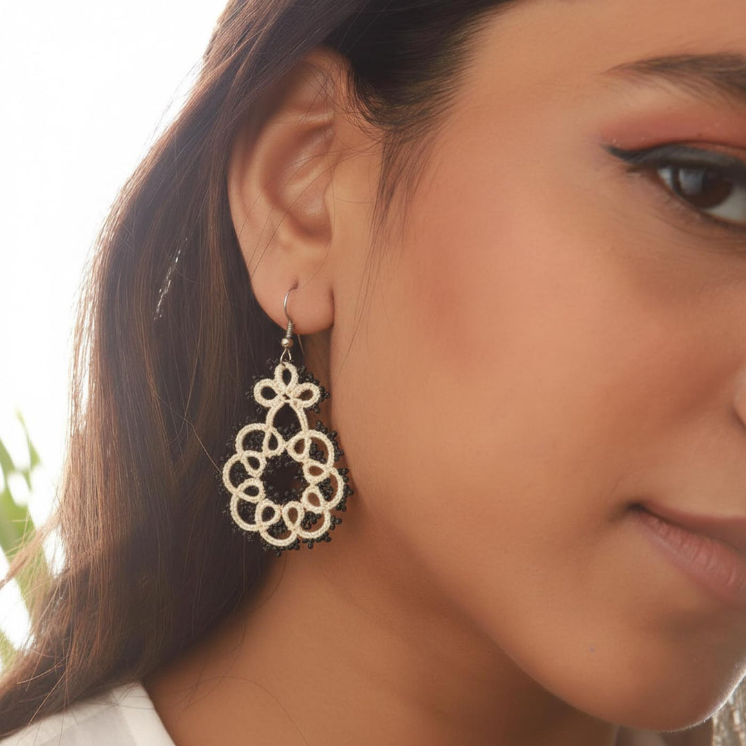 Handmade Ivory Noir Lace Cotton Earrings