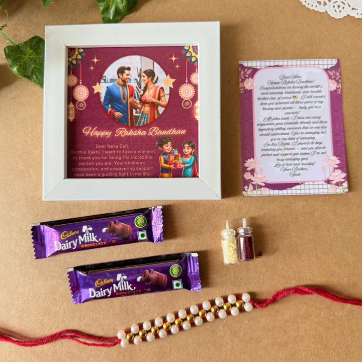 Rakhi Gift Hamper For Sister | Includes 1 Mini Photo Frame, 1 Rakhi, 1 Roli Chawal, 1 Letter And 2 Diary Milk