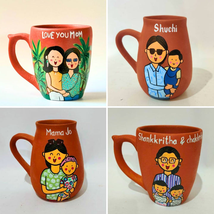 Love You Mom | Handpainted Personalised 3D Terracotta Mug With Caricatures And Background