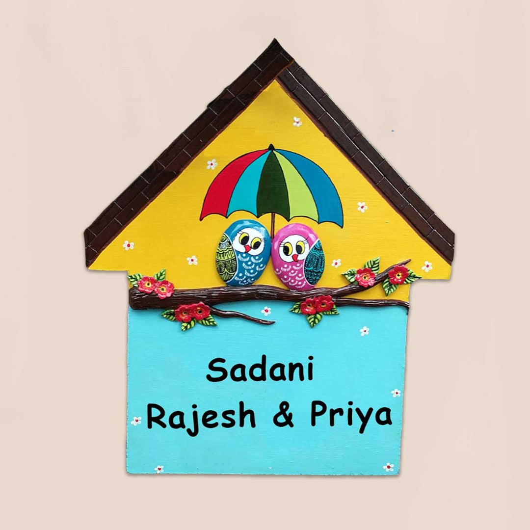 Personalized Handmade Owl Couple With Umbrella House Shaped Mdf Wood Name Plate - Front View with Name Personalization