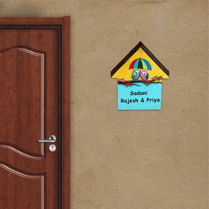 Personalized Handmade Owl Couple With Umbrella House Shaped Mdf Wood Name Plate - Mounted on Wall Next to Door