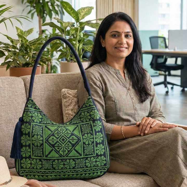 Lime Bloom Cross-Stitch Embroidered Hobo Shoulder Bag