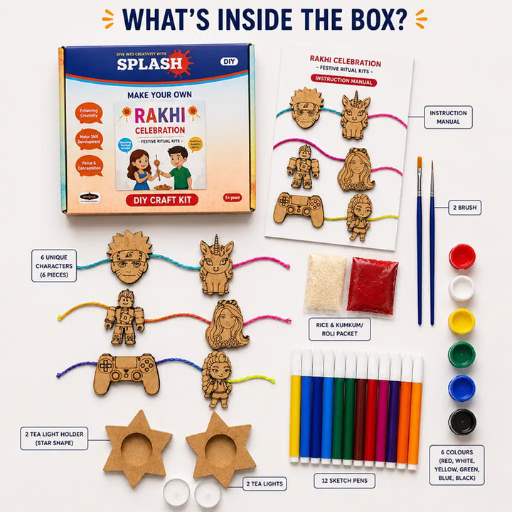 Paint-Your-Own Anime Fantasy Theme Wooden Rakhi DIY Kit With Diyas Kumkum & Chawal | Set Of 6 | For Kids