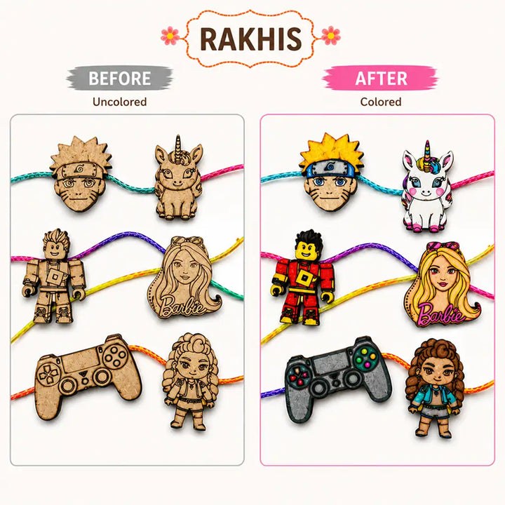Paint-Your-Own Anime Fantasy Theme Wooden Rakhi DIY Kit With Diyas Kumkum & Chawal | Set Of 6 | For Kids