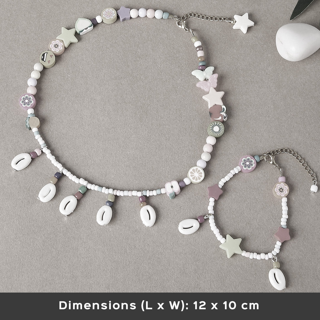 2 Pc | Boho Beaded Shell Necklace & Bracelet Set For Girls