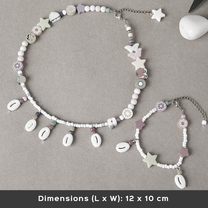 2 Pc | Boho Beaded Shell Necklace & Bracelet Set For Girls
