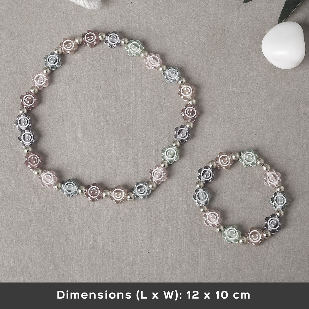 2 Pc | Multicolor Smiley Daisy Beaded Necklace & Bracelet Set For Girls