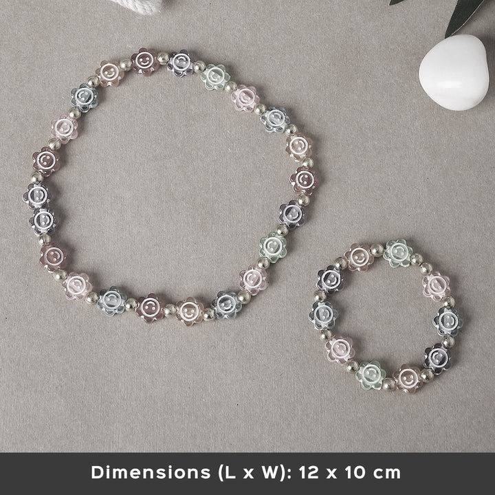 2 Pc | Multicolor Smiley Daisy Beaded Necklace & Bracelet Set For Girls