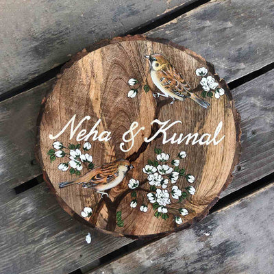 Handpainted Sparrow Theme Mango Wood Nameplate