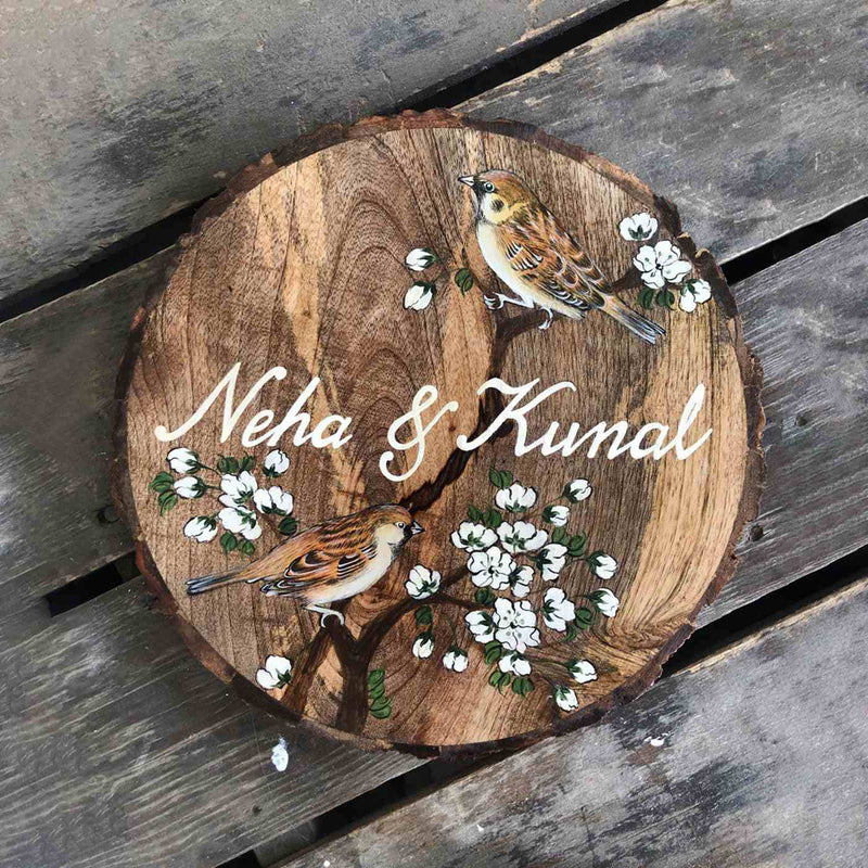Handpainted Sparrow Theme Mango Wood Nameplate