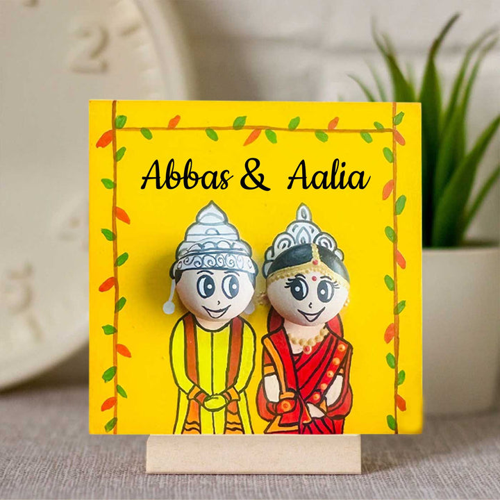 Personalised Hand-Painted Pebble Art Bengali Wedding Couple Wooden Decorative Plaque
