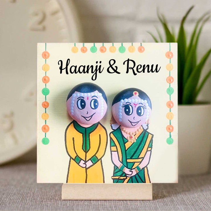 Personalised Hand-Painted Pebble Art Indian Wedding Couple Wooden Decorative Plaque