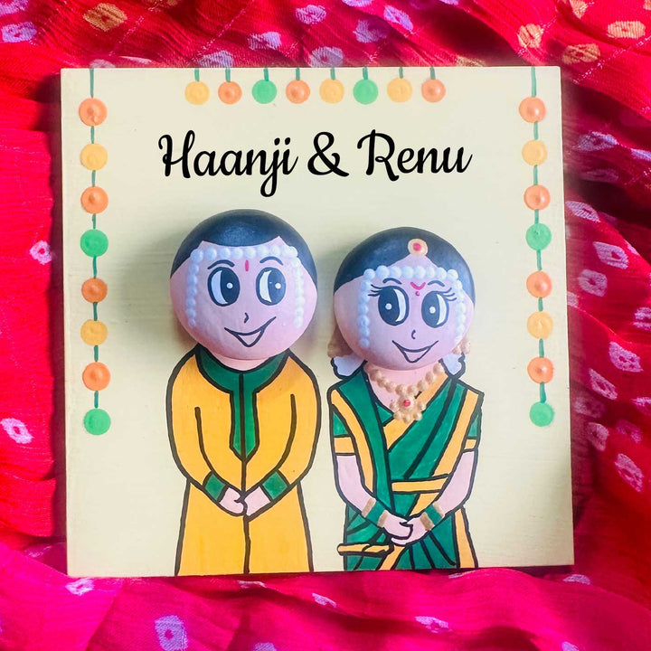 Personalised Hand-Painted Pebble Art Indian Wedding Couple Wooden Decorative Plaque