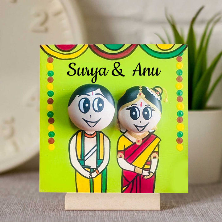 Personalised Hand-Painted Pebble Art South Indian Wedding Couple Wooden Decorative Plaque