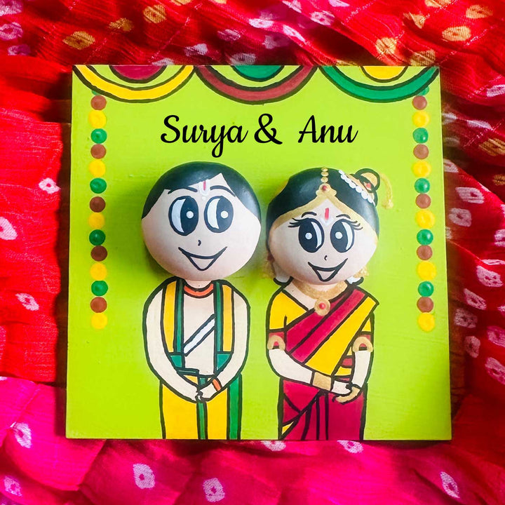 Personalised Hand-Painted Pebble Art South Indian Wedding Couple Wooden Decorative Plaque