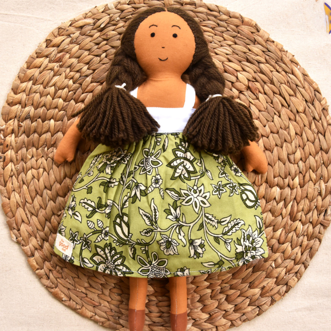 Nilah in Floral Green Dress With Changeable Outfits | Soft Hand-Stitched Sustainable Indian Play Doll