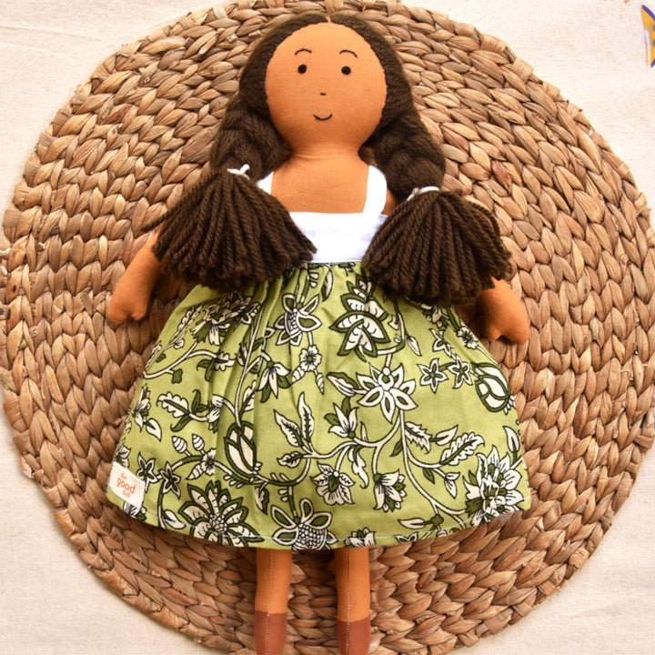 Nilah in Floral Green Dress With Changeable Outfits | Soft Hand-Stitched Sustainable Indian Play Doll