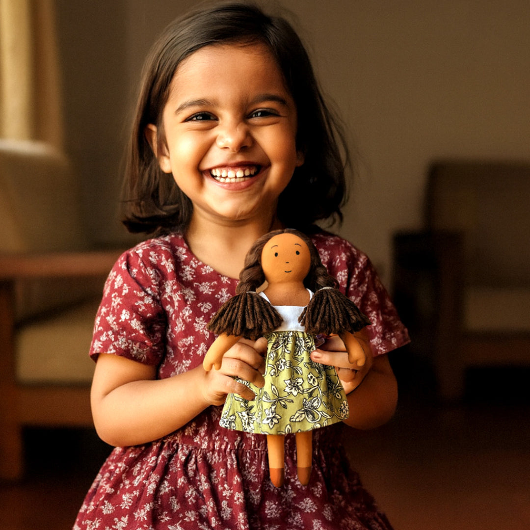 Nilah in Floral Green Dress With Changeable Outfits | Soft Hand-Stitched Sustainable Indian Play Doll