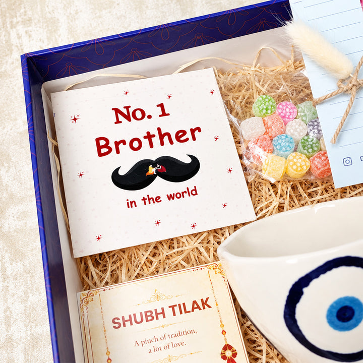"Evil Eye Blessings" Ceramic Mug Rakhi Hamper With Rakhi Set & Roli Chawal For Bhaiya Bhabhi