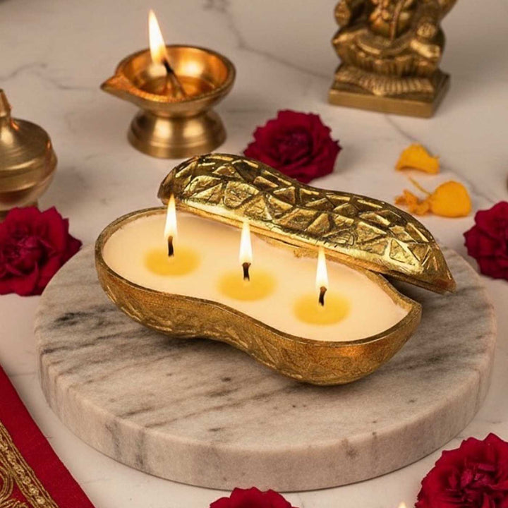 Handmade Gold-Toned Moongfali Peanut Shaped Oud Scented Soy Wax Urli Candle