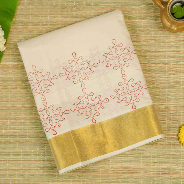 Rangoli Motif Saree | Hand Block Printed Pure Cotton Kerala Kasavu Saree | Onam Special | 5.5m + 80cm Blouse Piece