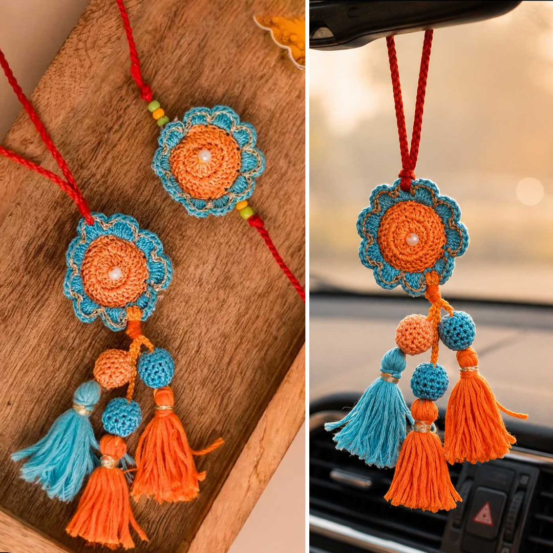 Handmade Crochet Blue & Orange Camelia Bhaiya Bhabhi Rakhi With Roli Chawal | Set Of 2