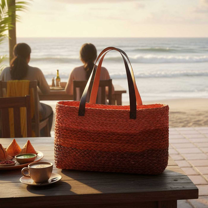 Handmade Grass Woven Three Colored Strips Sabai Mesh Handbag